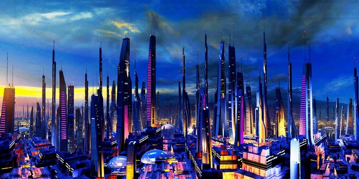Futuristic city skyline with tall skyscrapers at dusk