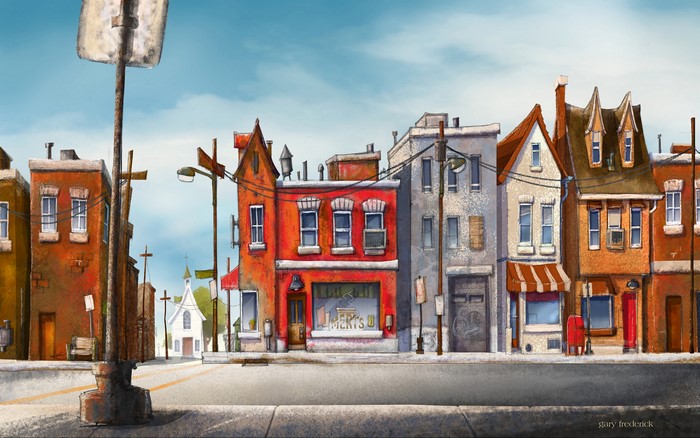 Artwork of a city street with buildings and a church
