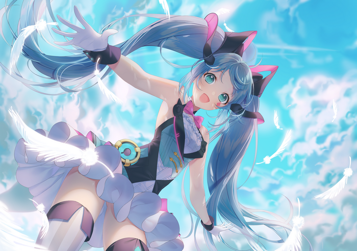 Anime girl with blue pigtails and feathers