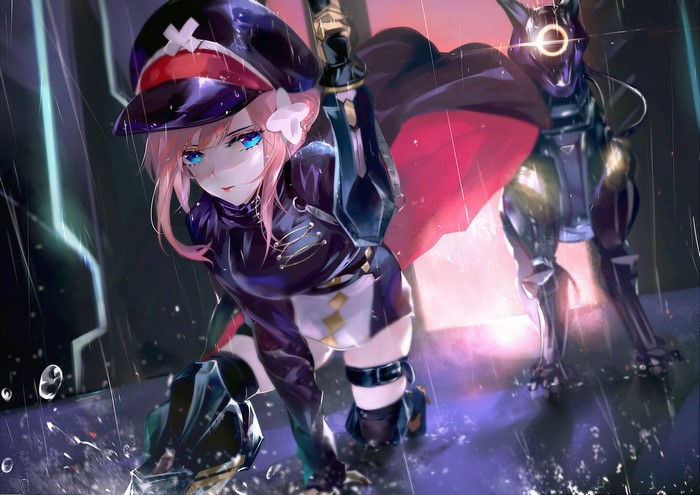 Anime girl in military uniform with robotic dog