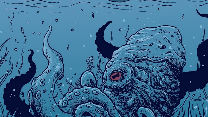 Artwork of a blue underwater octopus