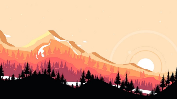 Stylized mountain range with pine trees at sunset