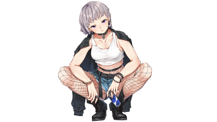 Anime girl with silver hair squatting with a drink