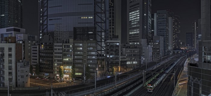 Night train in Tokyo, Japan cityscape