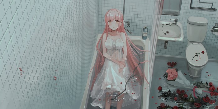 Anime girl with pink hair in a bathtub with roses
