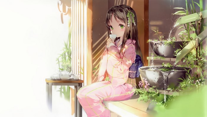Girl in Kimono Drinking Tea by Bamboo Fountain