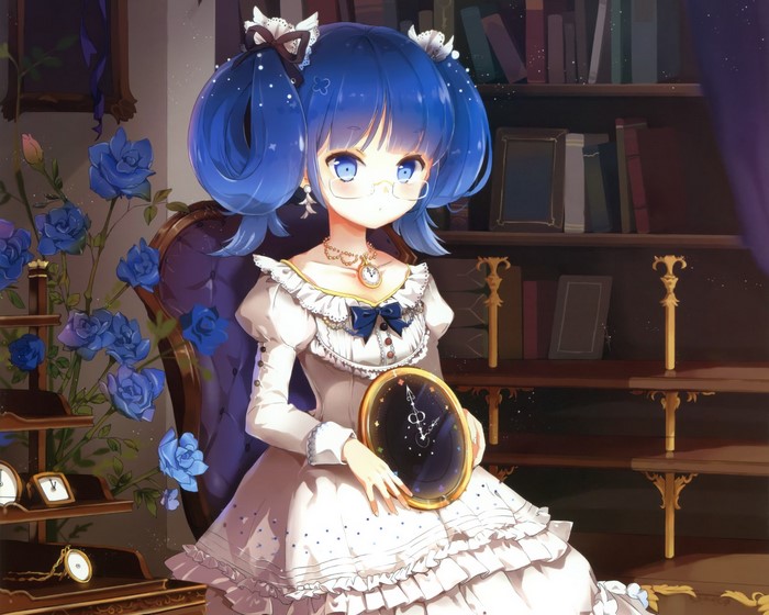 Girl with blue twintails and glasses holding a clock