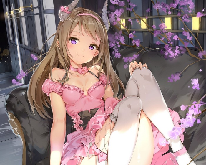Girl with horns and pink dress with cherry blossoms