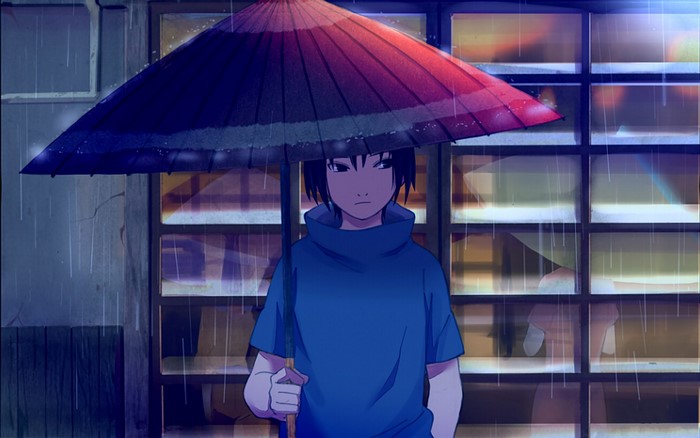 Sasuke Uchiha from Naruto holding an umbrella in the rain