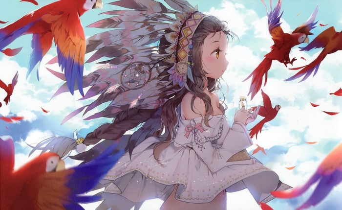 Anime girl with headdress and parrots in the sky