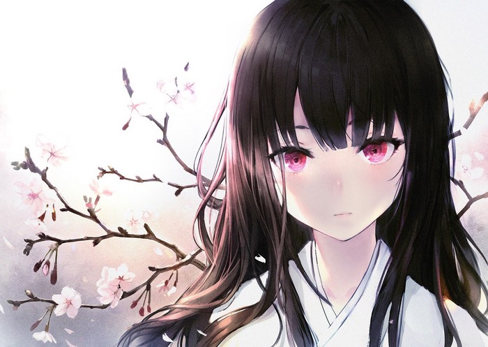 Anime girl with pink eyes and black hair near cherry blossoms