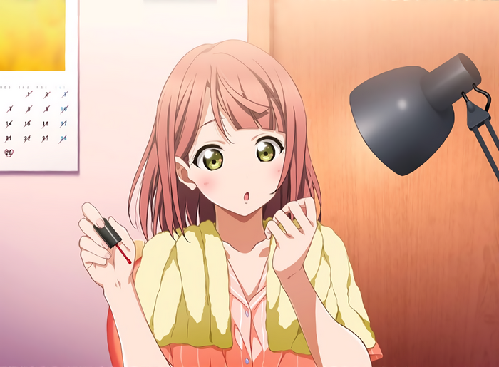 Anime girl painting her nails in front of a lamp and calendar