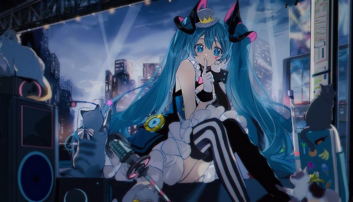 Hatsune Miku with cats in a city at night