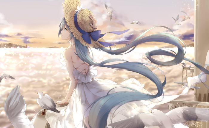 Anime girl with blue hair and straw hat by the sea