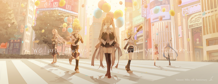 Hatsune Miku and friends in a city