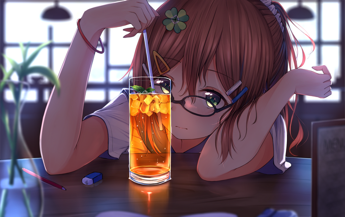 Anime girl with glasses and iced tea