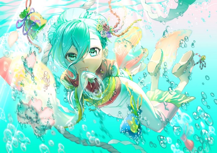 Anime girl with green hair underwater