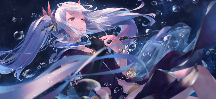 Anime girl with white hair playing flute underwater