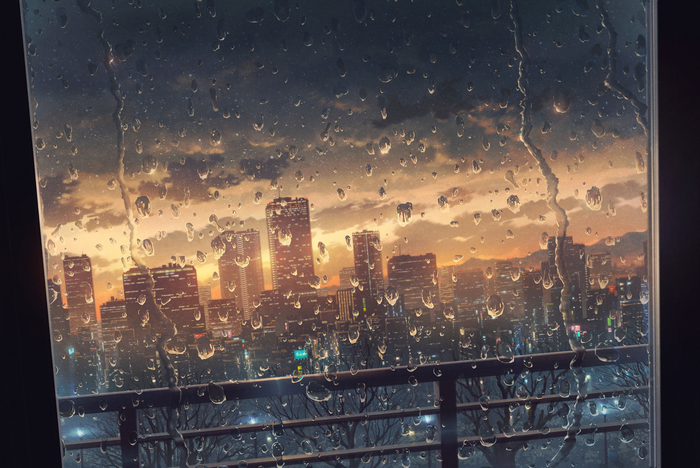 Anime cityscape at sunset through a rainy window