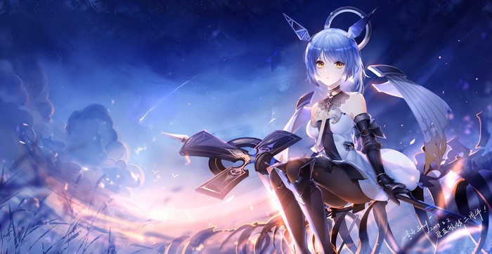 Anime girl with wings and staff at sunrise