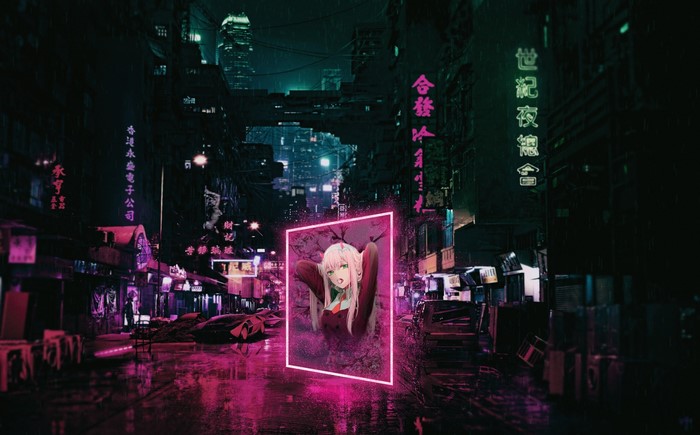 Zero Two from Darling in the FranXX in a neon cityscape