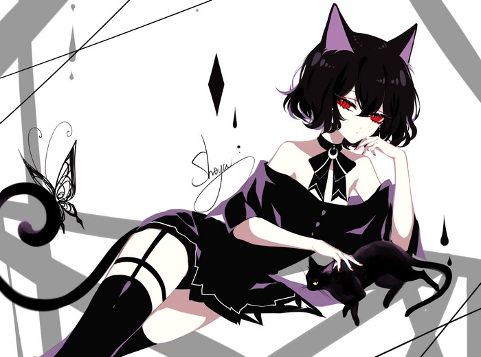 Anime cat girl with black cats and butterfly