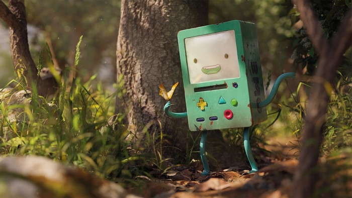 BMO from Adventure Time with a butterfly in a forest