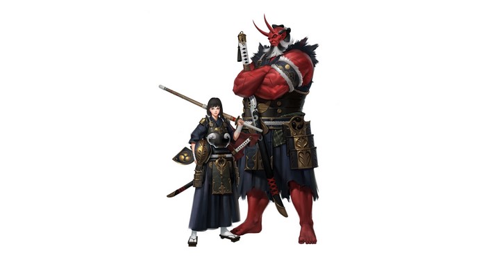 Fantasy art of a warrior girl and a red demon