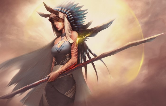 Fantasy woman with headdress and staff