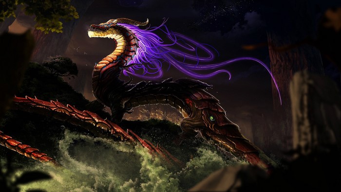 Fantasy artwork of a colorful dragon with purple mane