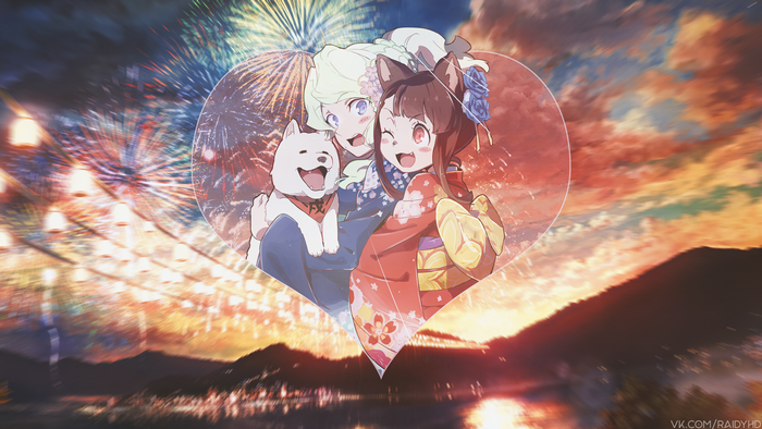 Anime girls and dog in heart with fireworks