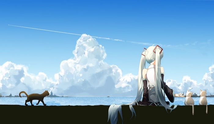 Hatsune Miku with cats by the sea