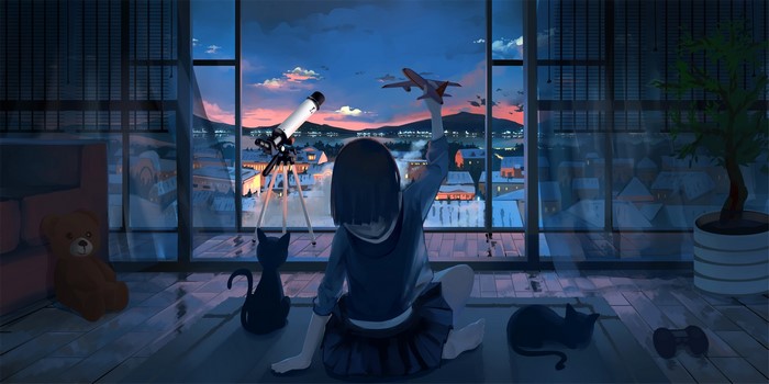 Girl with toy airplane and telescope at night