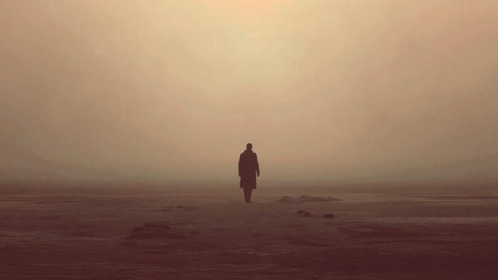 Ryan Gosling from Blade Runner in a foggy landscape