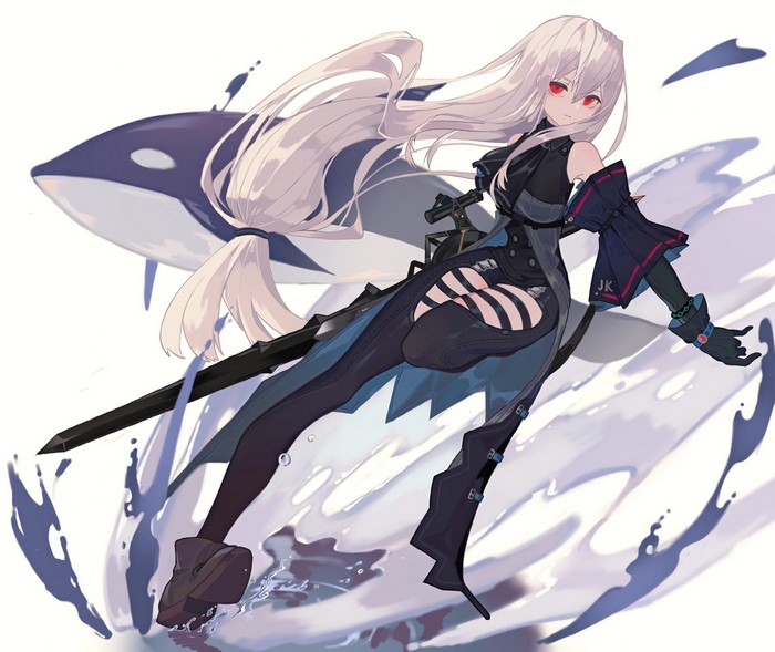 Anime girl with white hair and red eyes and a killer whale