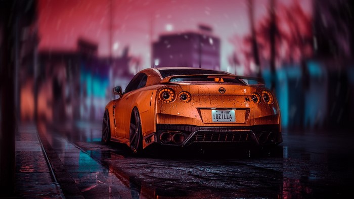 Orange Nissan GT-R on wet city street