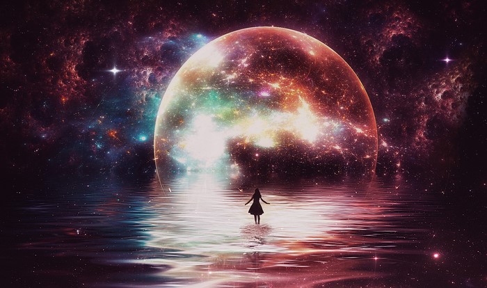 Girl standing in water reflecting a colorful planet and stars