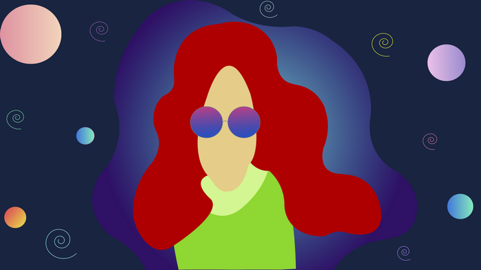 Woman with red hair and sunglasses in abstract space