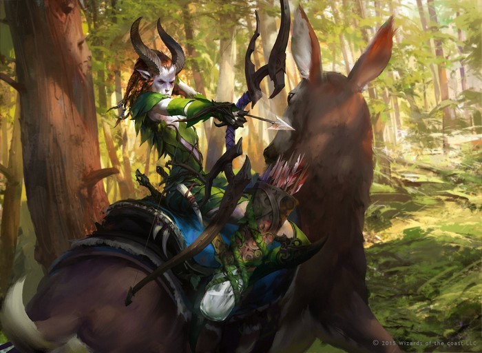 Elf archer riding a deer in a forest