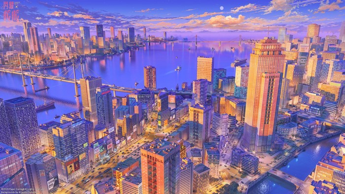Anime cityscape with skyscrapers and a bridge at sunset