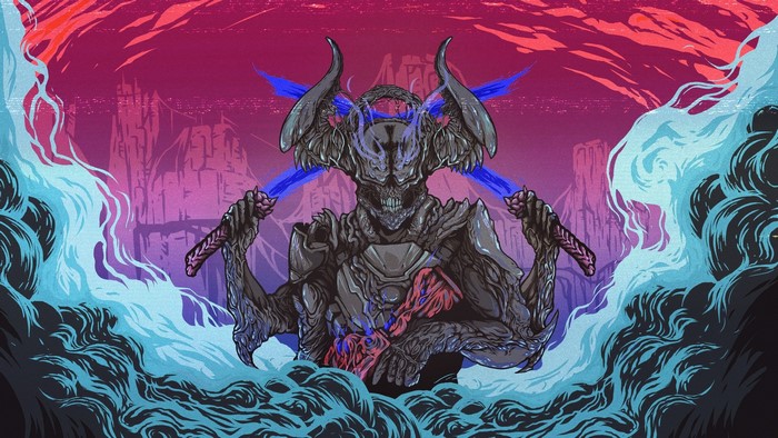Demonic creature with swords in a fantasy landscape