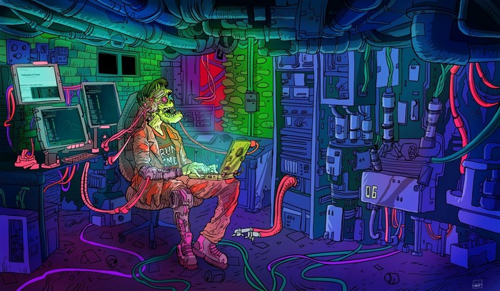 Cyborg hacker in a futuristic server room