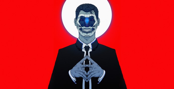 Robot in a suit with red background