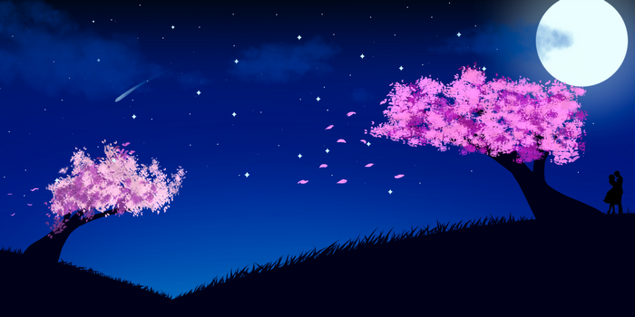 Couple under cherry blossom trees at night