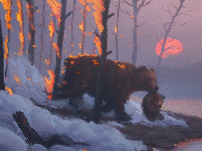Bears in a burning forest at sunrise