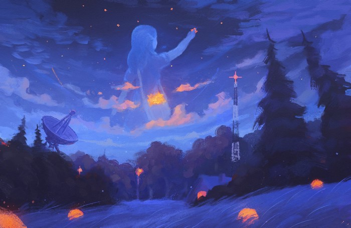 Giant woman painting stars in a night sky over a forest