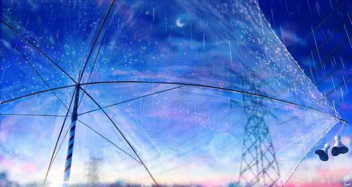 4K Anime Umbrella Rain Moon Power Lines