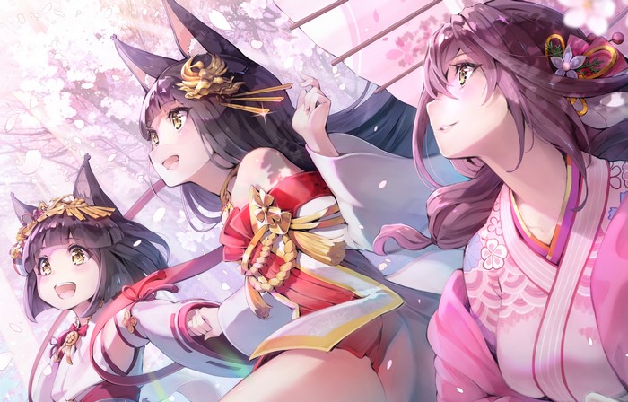 Azur Lane characters in traditional Japanese attire with cherry blossoms