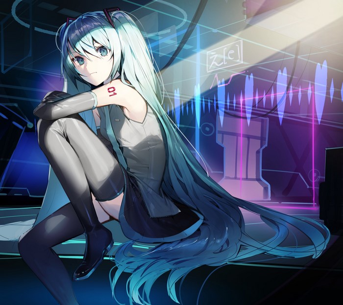 Hatsune Miku from Vocaloid sitting in a futuristic setting