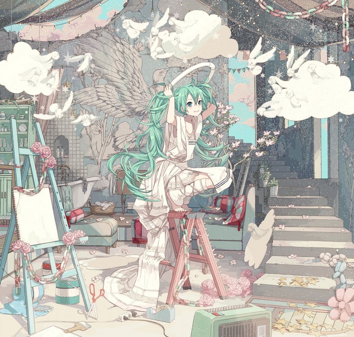 Hatsune Miku as an angel in a studio